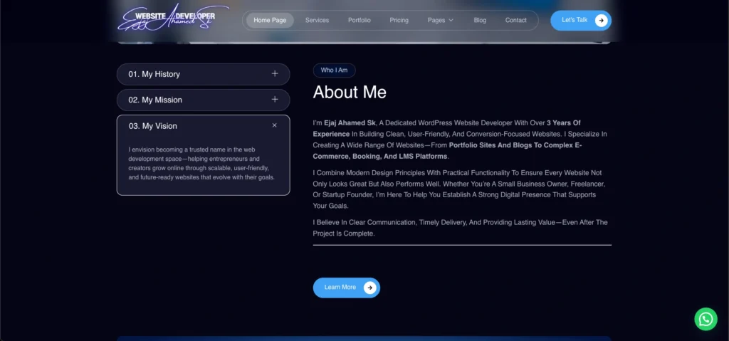 About section of a portfolio website 