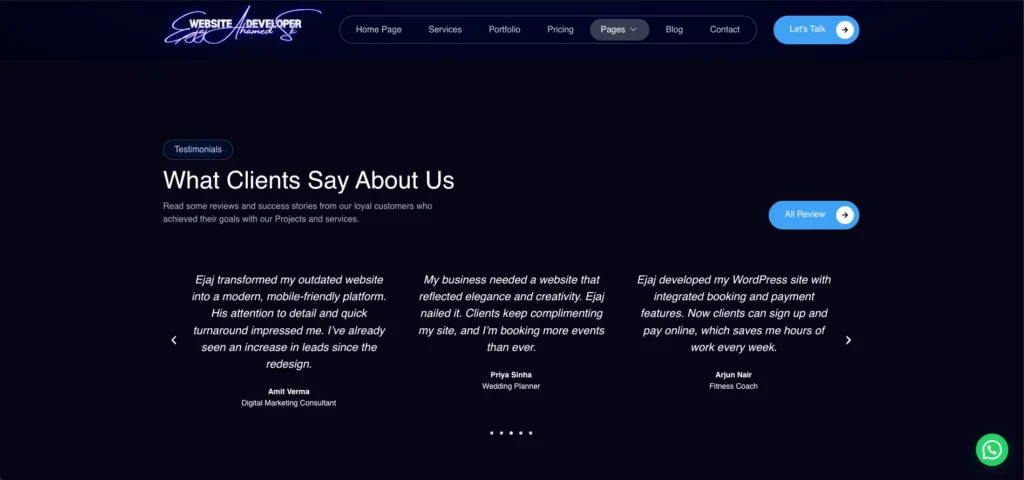 testimonials section of a portfolio website