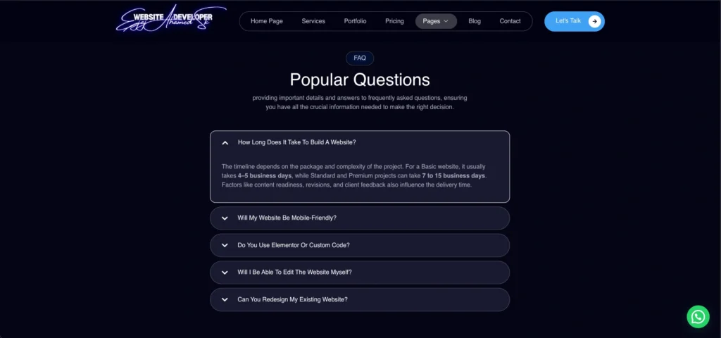 FAQ Section of a portfolio website